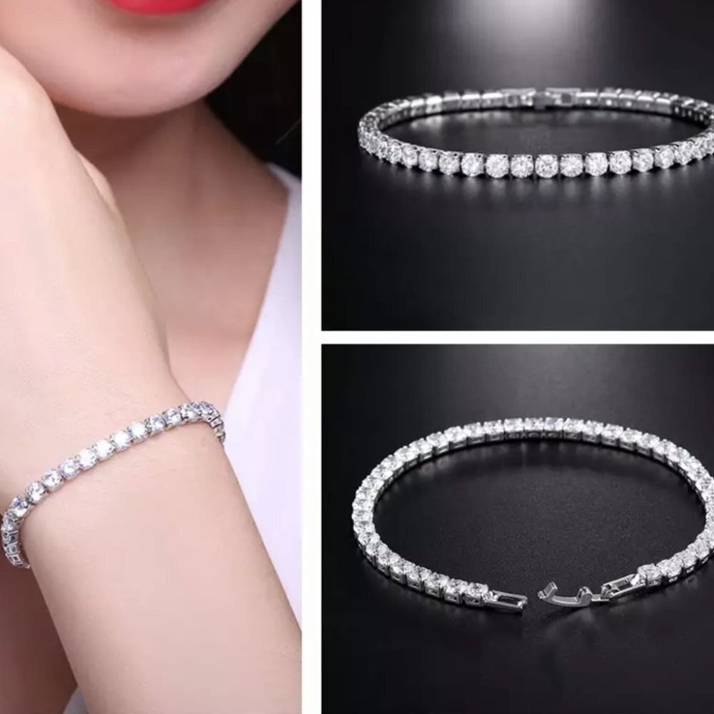 Diamond tennis bracelet snap clasp white clear silver cubic zirconia sparkly y2k